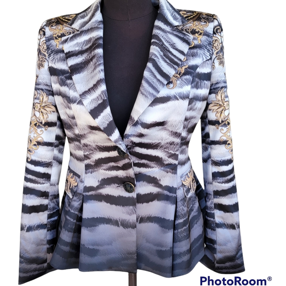 V&K Studio Black and White Zebra Print Peplum Blazer w/Gold Design..Sz S